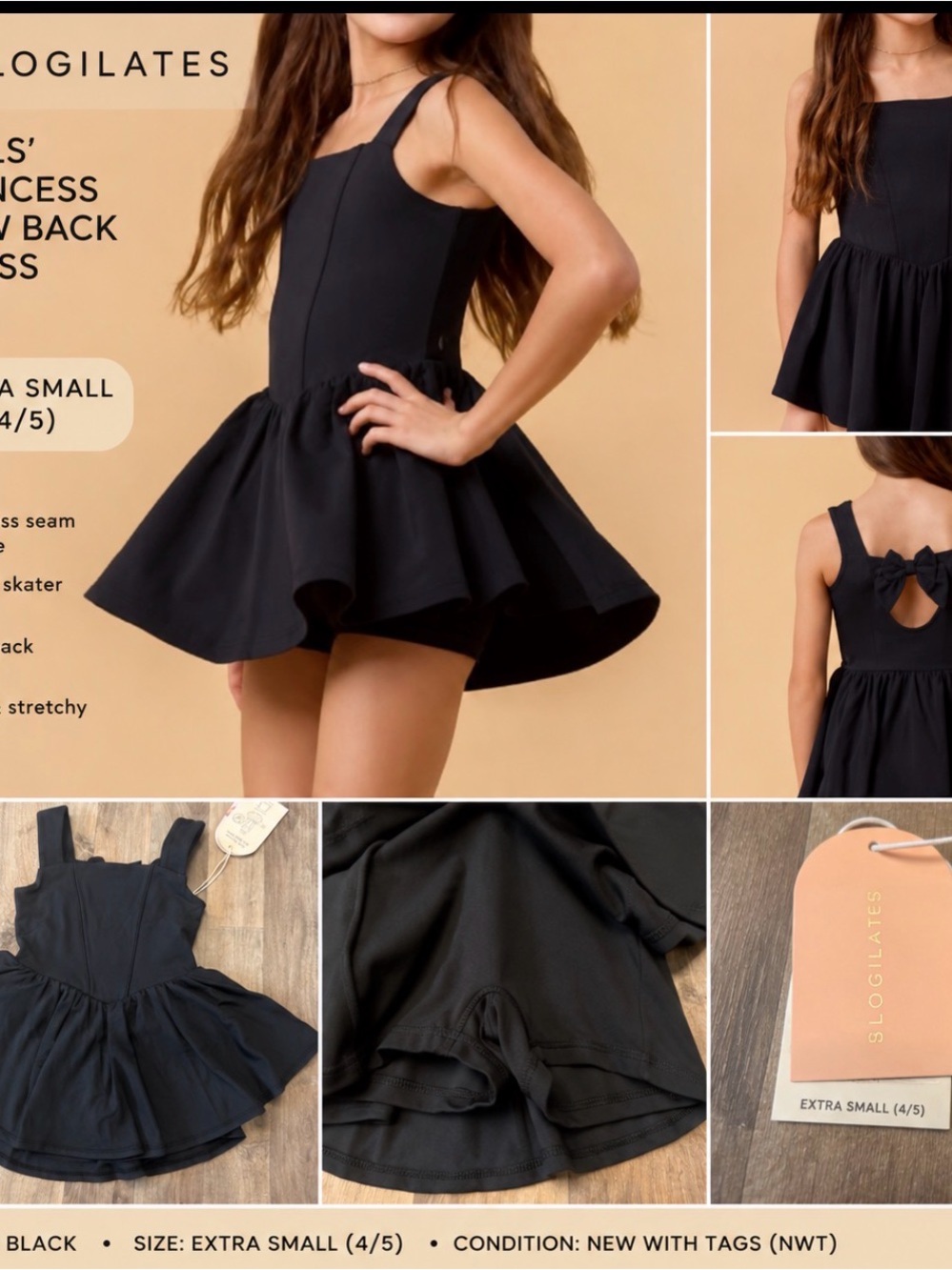 Blogilates Girls Princess Bow Back Dress Black XS 4/5 NWT